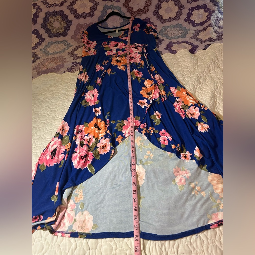 Floral Wrap Summer high low Dress in Blue with Pink & Coral Flowers super comfy - Picture 7 of 7